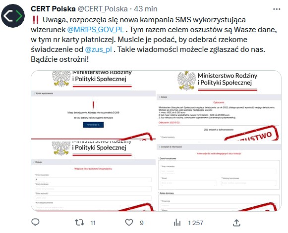 Infografika od CERT Polska informując o próbach wyłudzenia danych do kart płatniczych podszywająca się pod ZUS i MRiPS