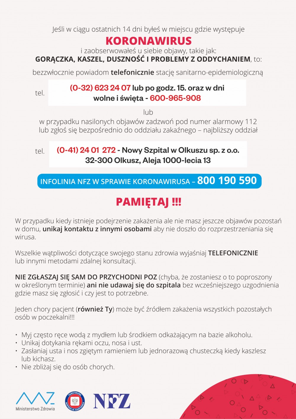 Plakat Ministerstwa Zdrowia informujący o koronawirusie