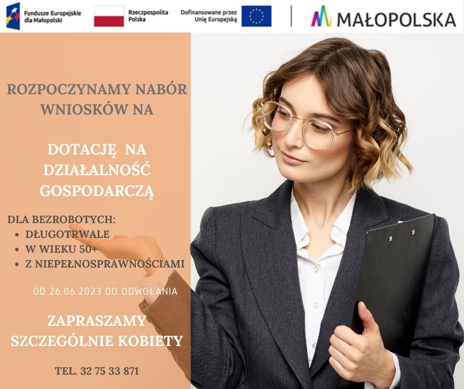 Plakat promujący przedsiębiorczość wśród kobiet długotrwale bezrobotnych, w wieku 50+ i z niepełnosprawnościami