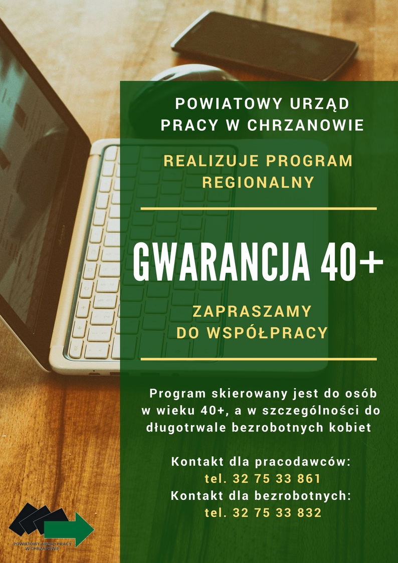 komputer, myszka, telefon, plakat zachęcający do udziału w programie osoby w wieku czterdzieści lat i więcej